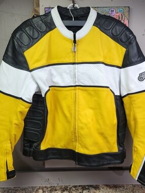 Men's Yellow, White & Black Colorblock Leather Bomber Jacket